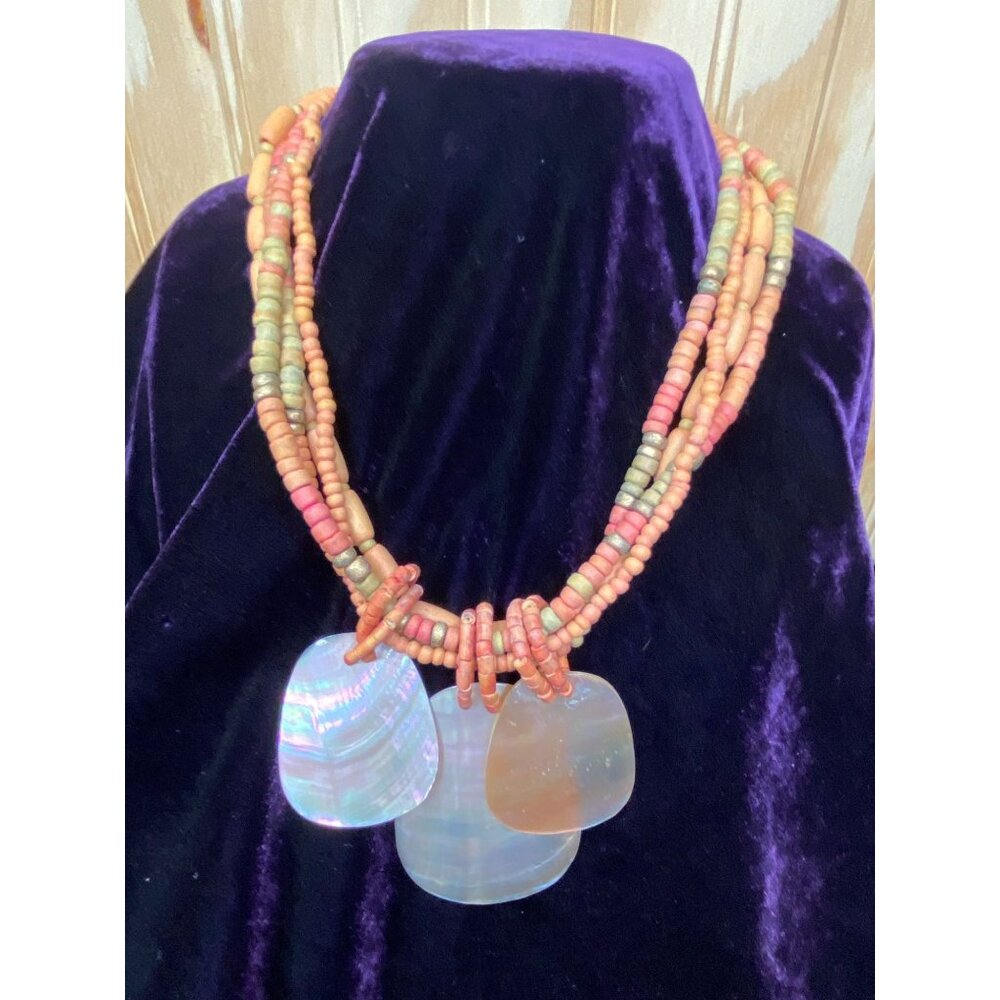 Vintage Orange Tones Hobo Wood Beaded Shell Chunky Necklace Retro